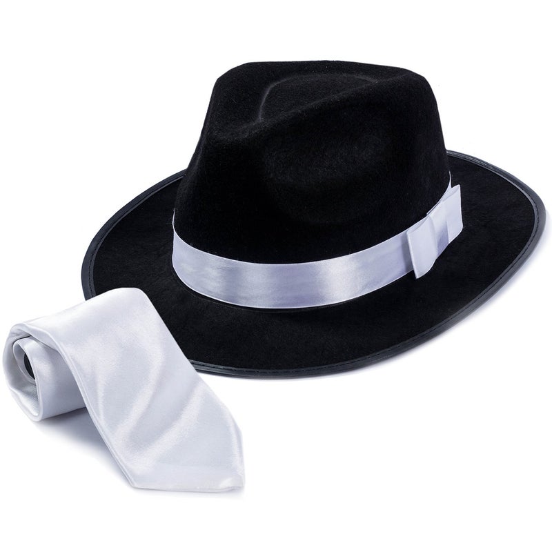 Tigerdoe Fedora Hat â€“ Fedora Gangster Hat With White Tie â€“ (2 Pc Set) 1920's Menâ€™s accessories - Image 1